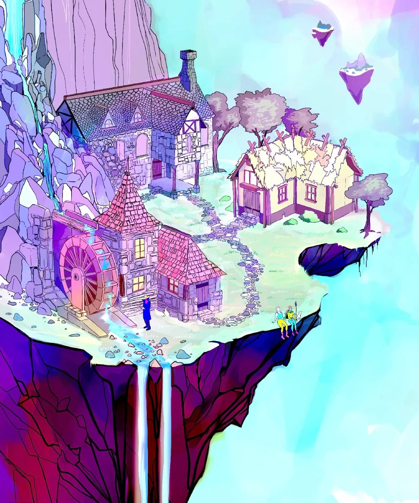 Whimsical fantasy landscape with floating islets, pastel houses, and a gravity-defiant waterfall in vivid purples and teals.