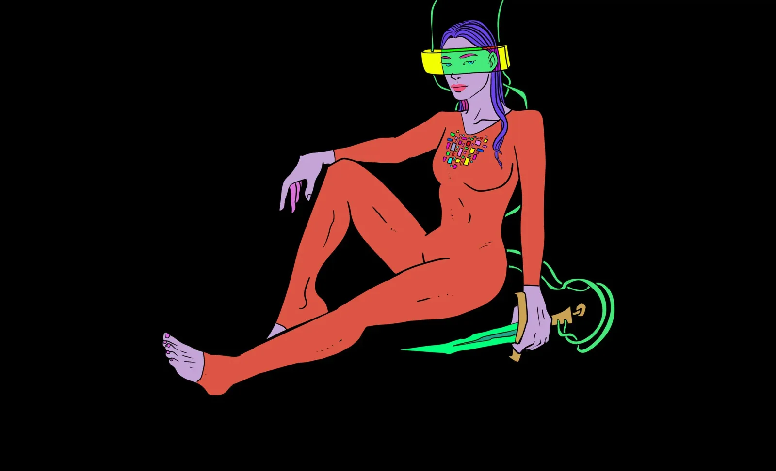 A seated figure in a neon-bright red bodysuit and yellow visor against a black background, rendered in bold digital illustration.