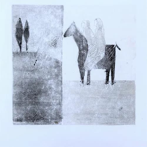 Monochromatic print depicting abstracted human and animal figures in divided composition.