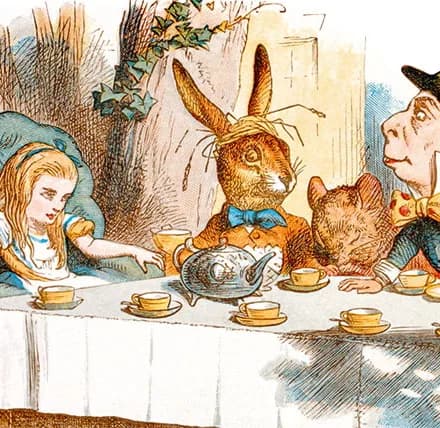 A whimsical tea party scene with anthropomorphic animals and a young girl, rendered in watercolor and ink.