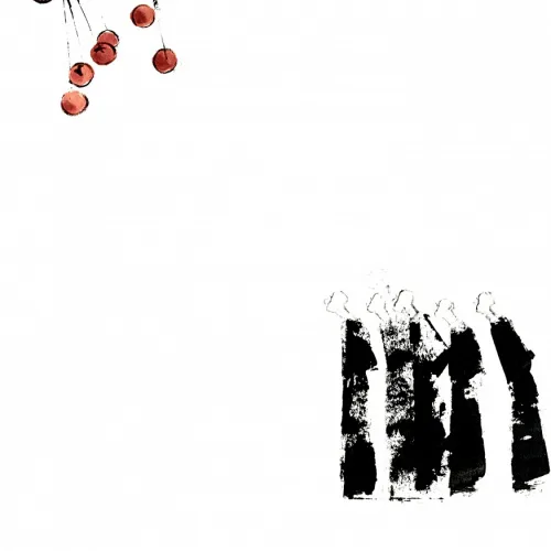 Abstract mixed-media composition with watercolor spheres and gestural black marks on paper.