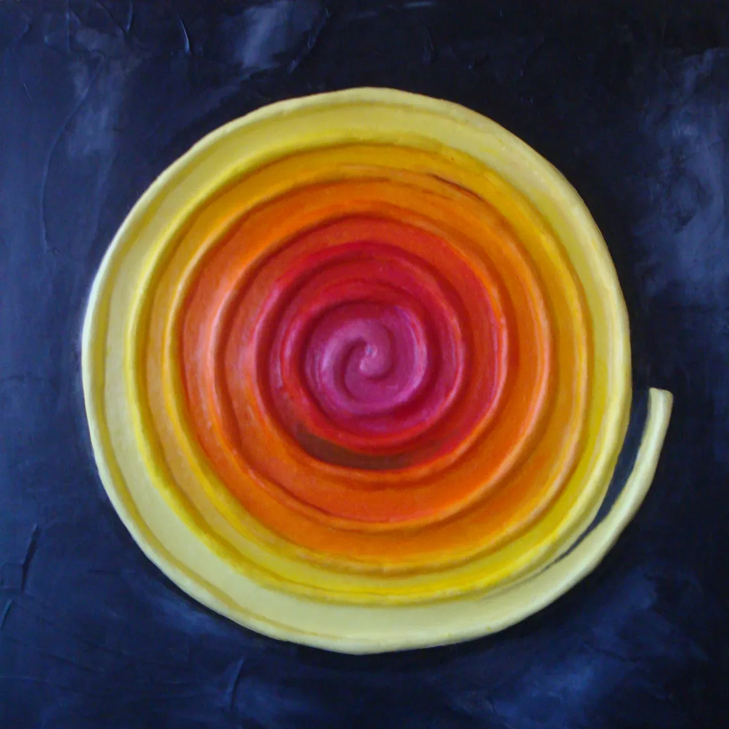 Concentric spiral composition in warm-to-cool acrylic paint, transitioning from pale yellow outer rings through orange and red to deep magenta center.