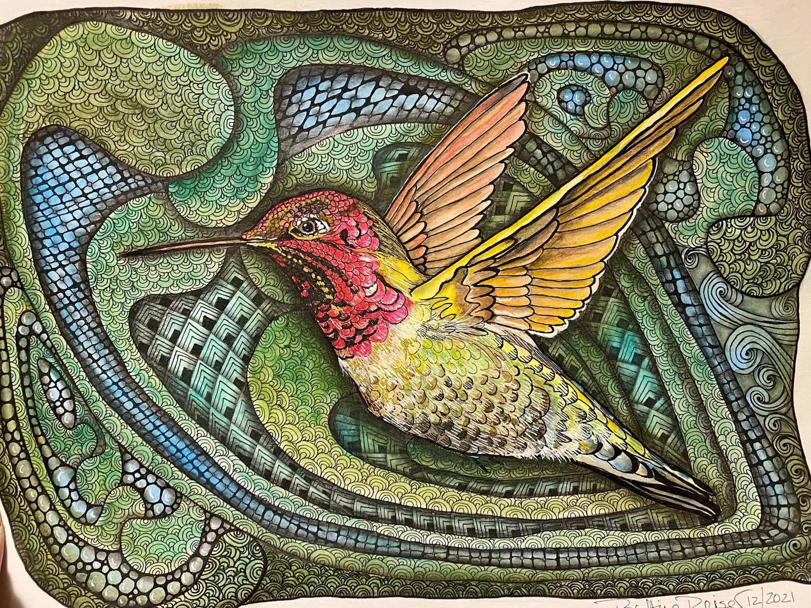 A hummingbird with ruby throat and golden wings rendered in colored ink against an ornately patterned green background.