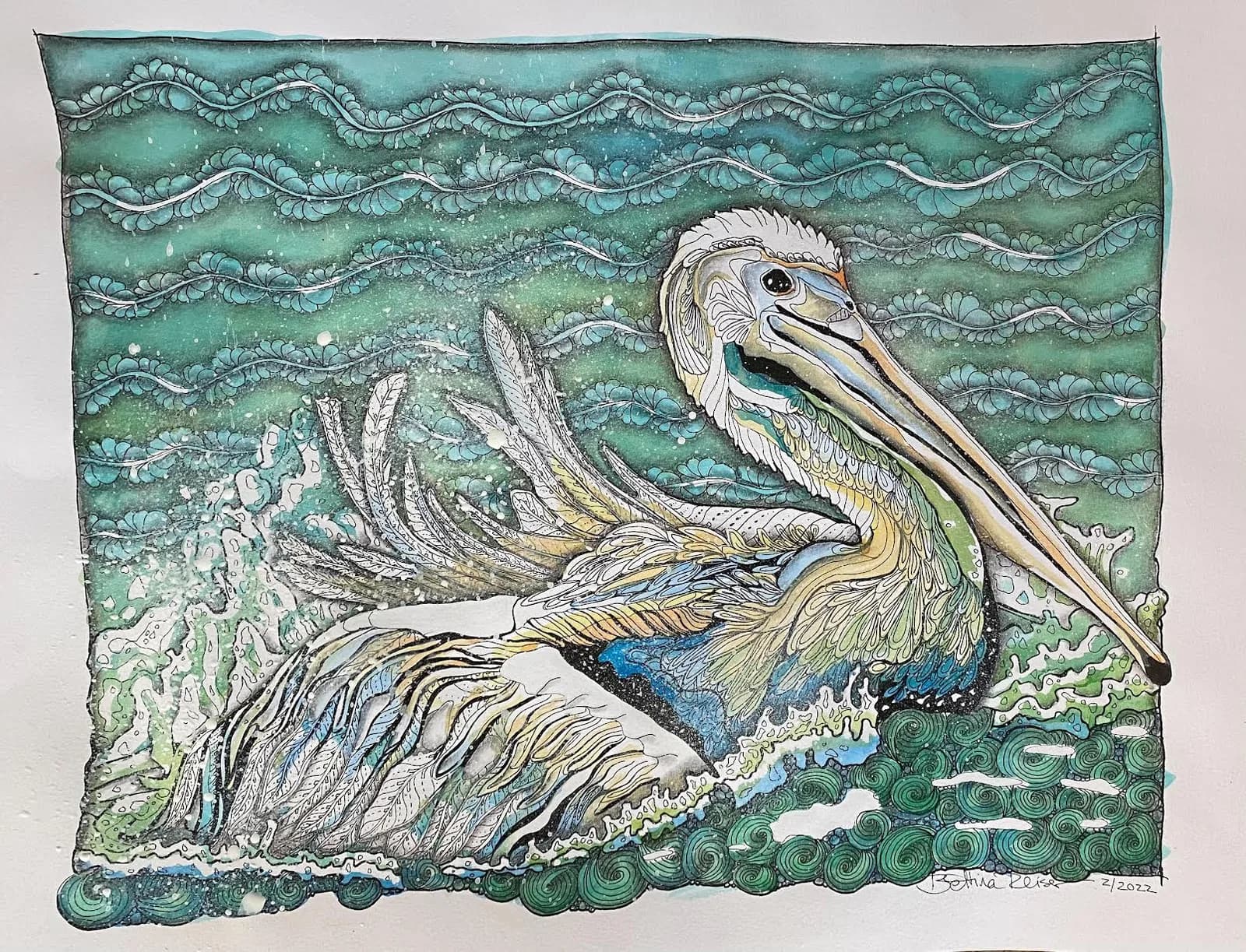 A pelican floats on stylized turquoise water in detailed ink and watercolor.