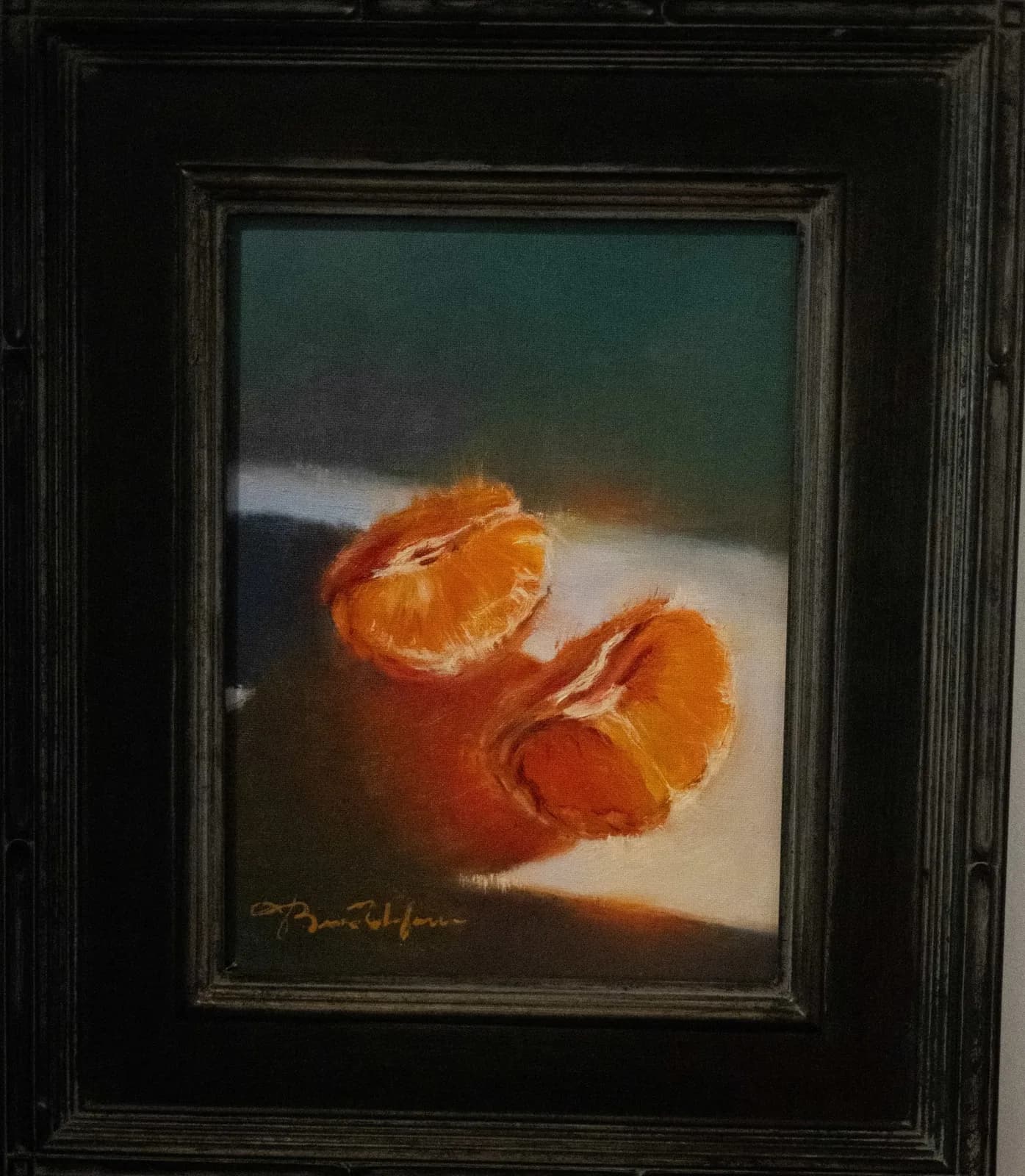 Two peeled mandarins rendered in oil with dramatic light and shadow against a teal background.