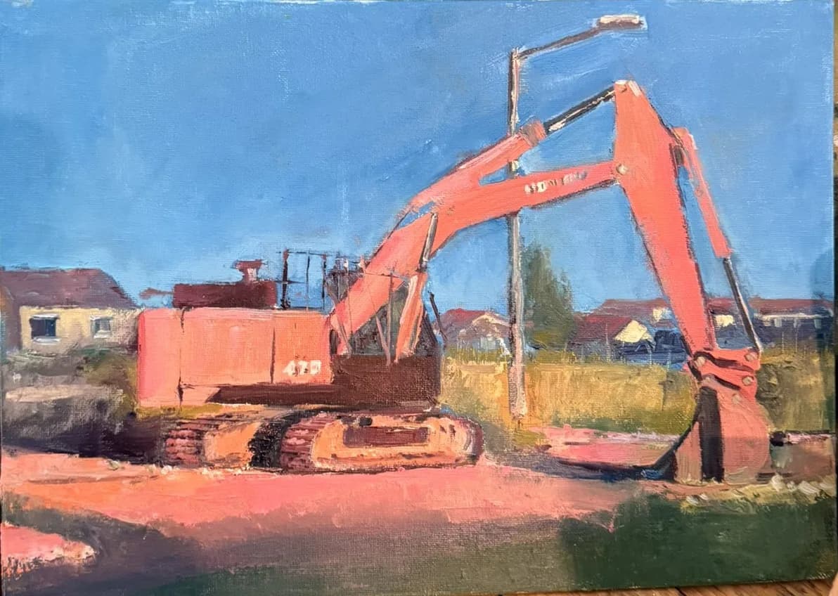 An oil painting of a red excavator on a construction site under a clear blue sky.