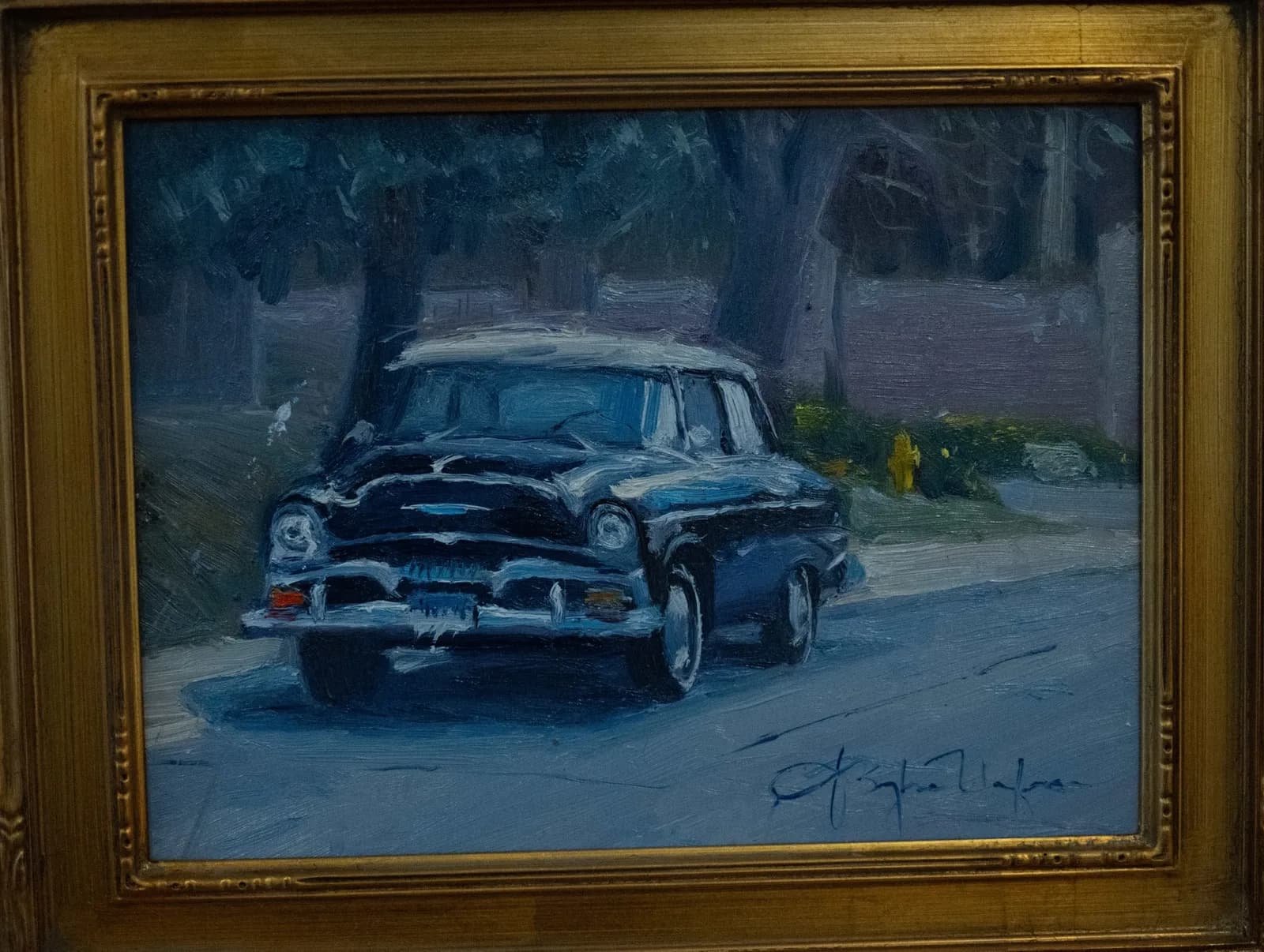 A vintage 1950s sedan parked on a quiet street, rendered in oil with soft blue tones and gestural brushwork.