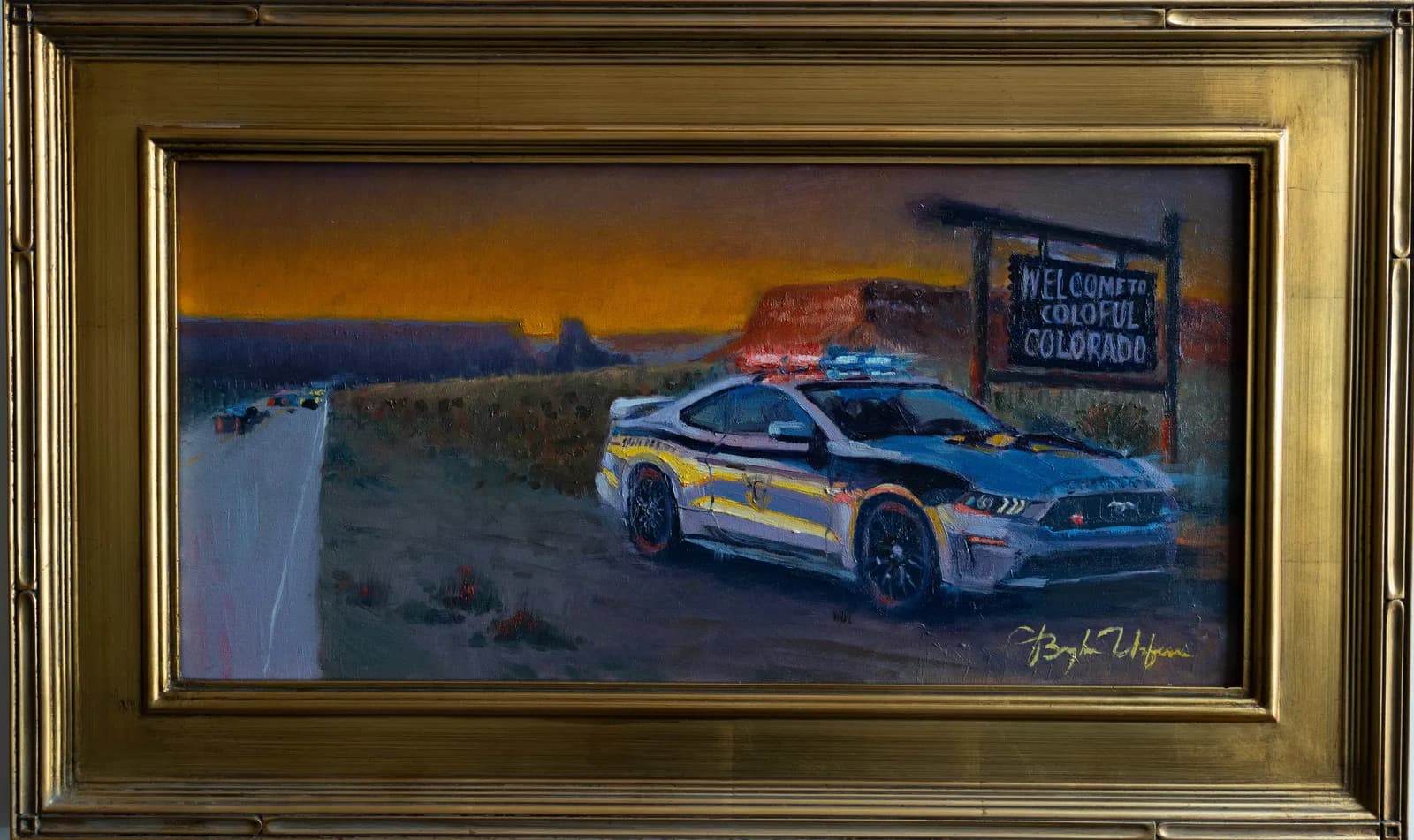 A high-performance muscle car parked at a desert roadside welcome sign beneath a golden sunset sky.