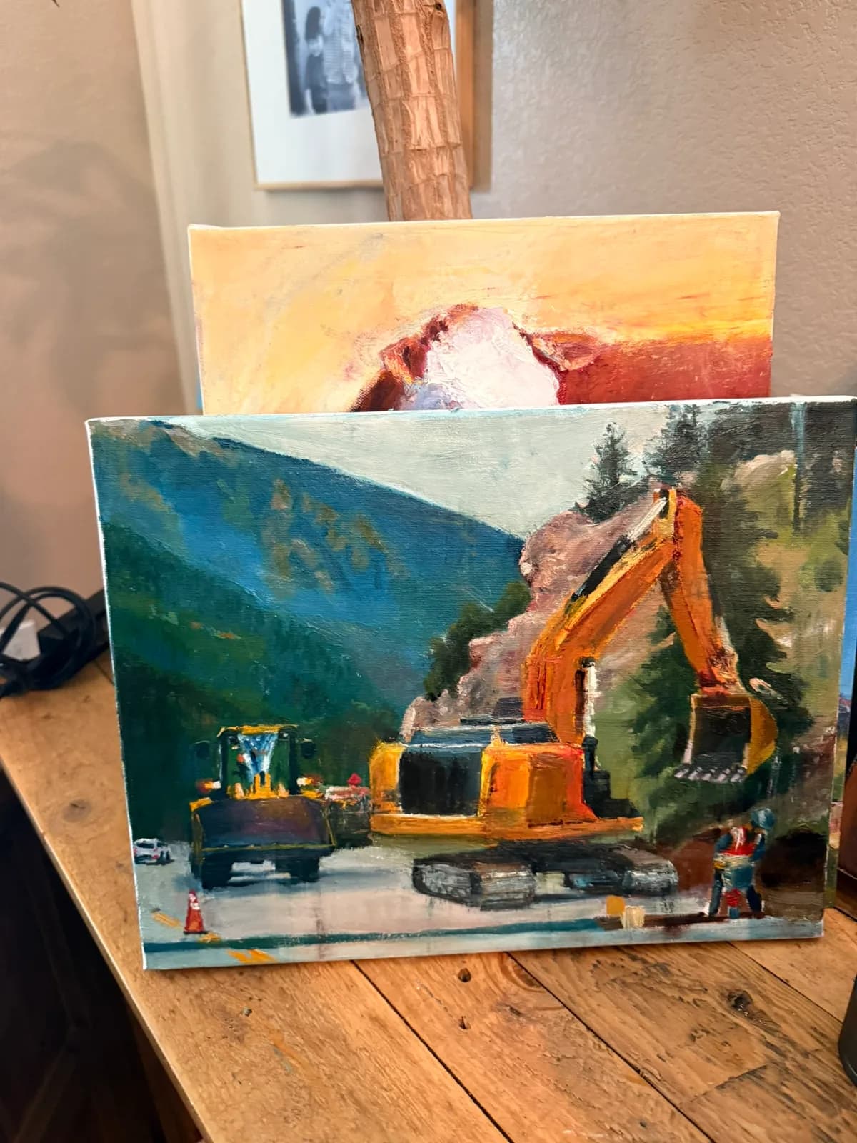 Mountain valley landscape with construction equipment and heavy machinery on a canyon road.