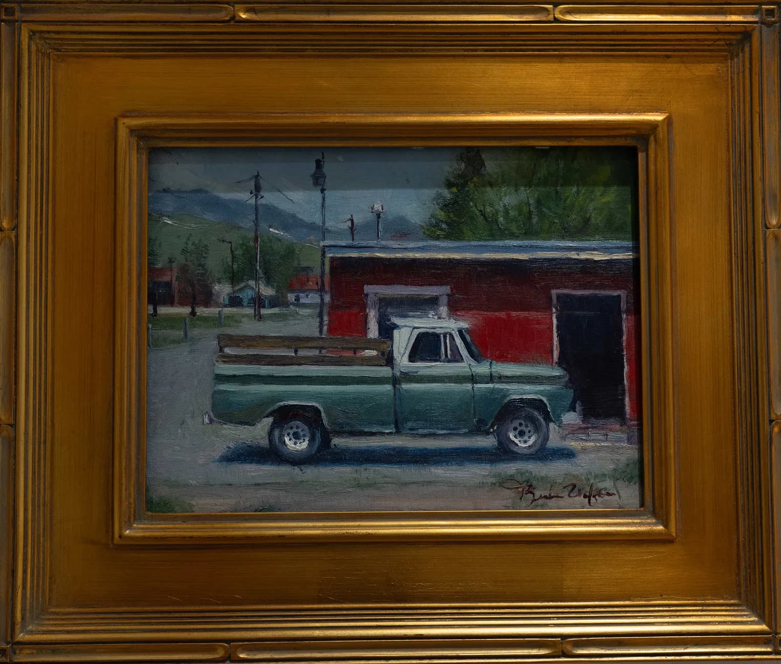 A turquoise vintage pickup truck parked before a red barn, mountains visible in the distance, rendered in oil.