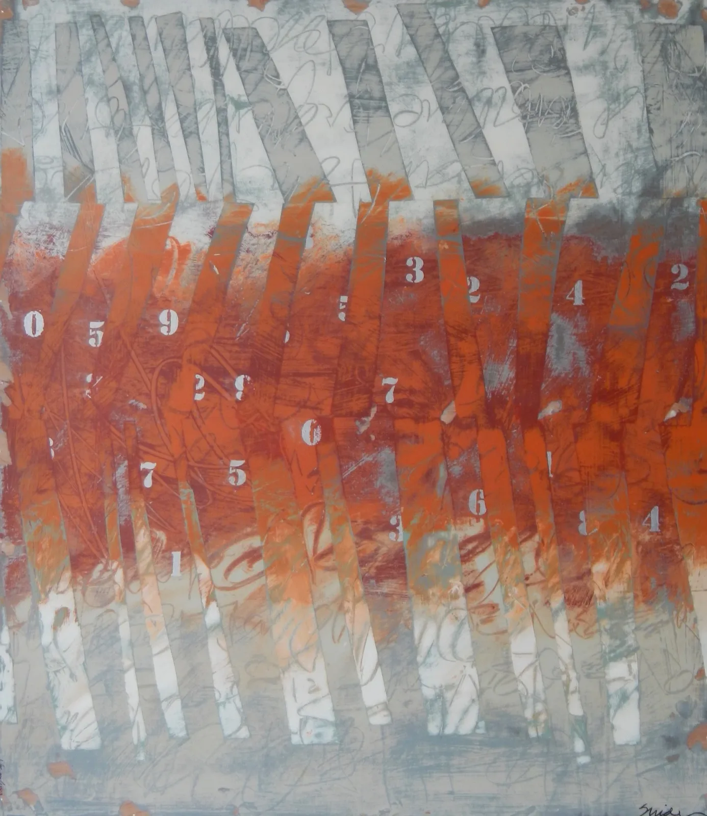 Abstract mixed-media composition with layered paper, geometric striping, and scattered numerals in orange and gray.