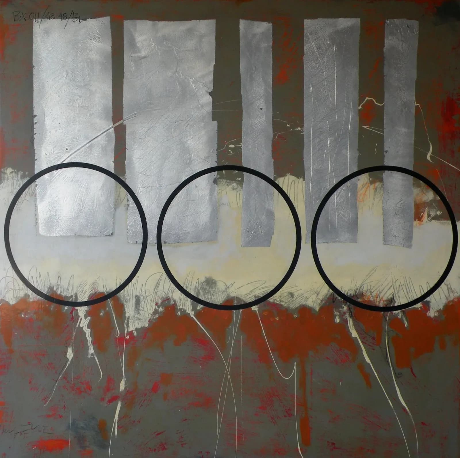 Abstract mixed-media composition with three black circles, vertical white and gray forms, and rust-red dripped accents.