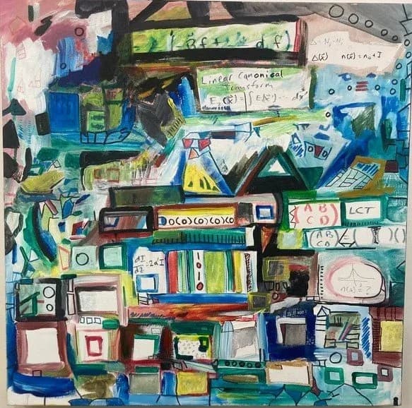 Abstract mixed-media composition with acrylic, collage elements, and handwritten notation layered across a grid-like structure.