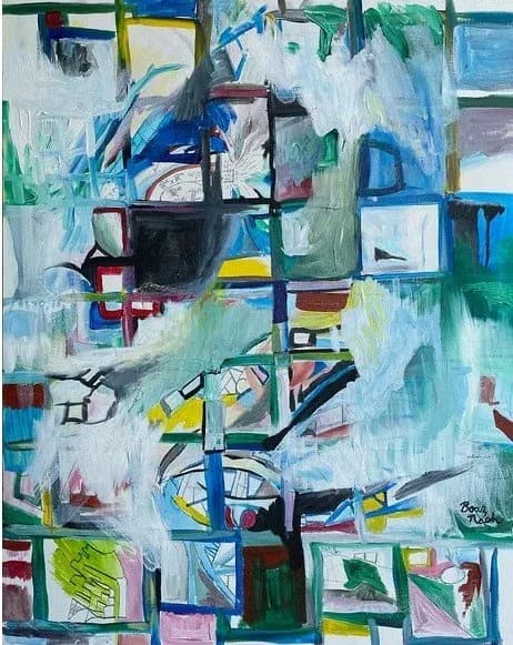 Abstract acrylic painting with geometric grid structure and layered planes of blue, green, and neutral tones.