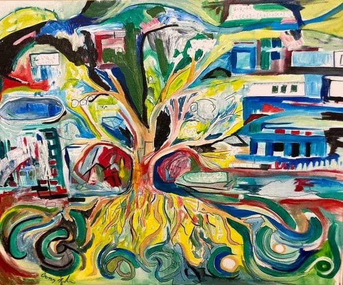 Abstract acrylic painting with a tree radiating outward toward fragmented architectural forms and a bold yellow, green, and blue palette.