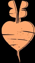 A stylized turnip or root vegetable with a heart-shaped body rendered in ink line drawing with folk art sensibility.