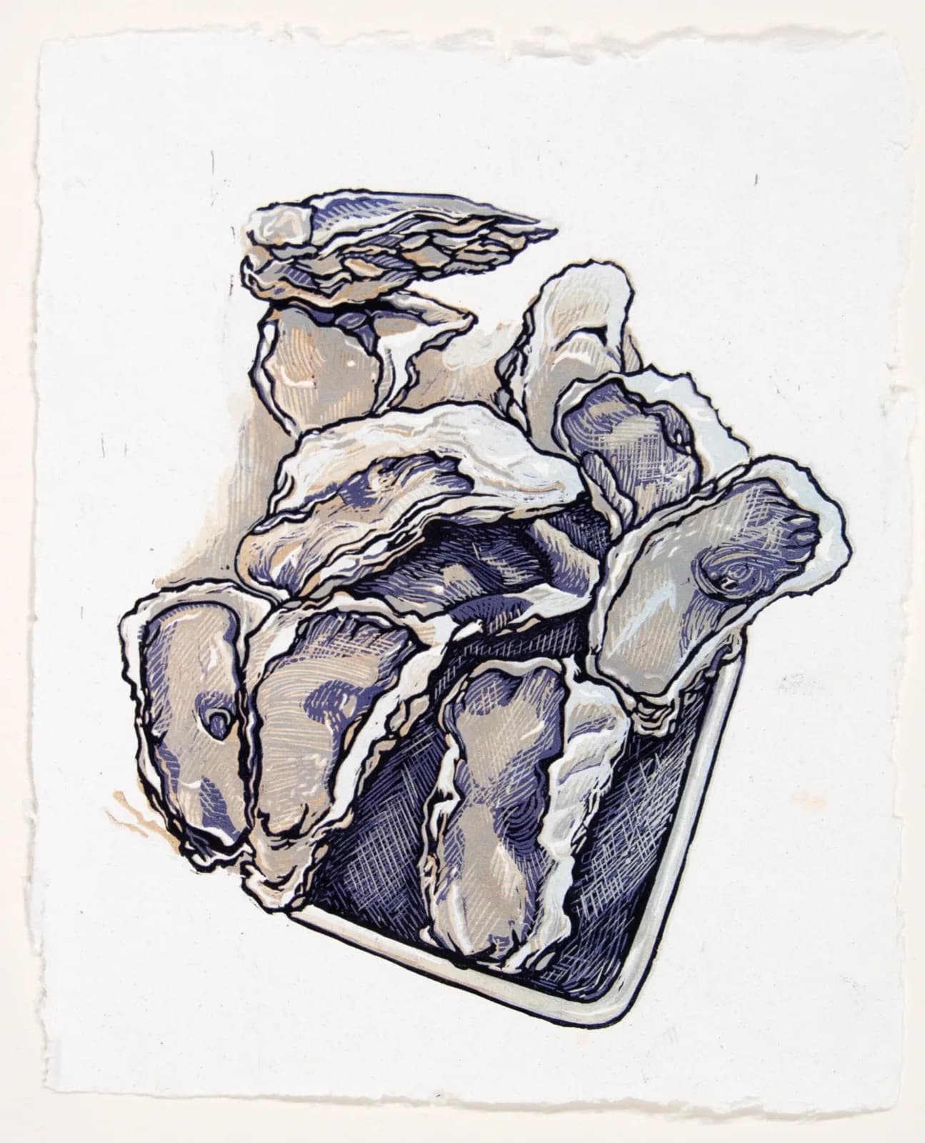 Oysters in a shallow bowl rendered in ink with delicate cross-hatching and wash accents.