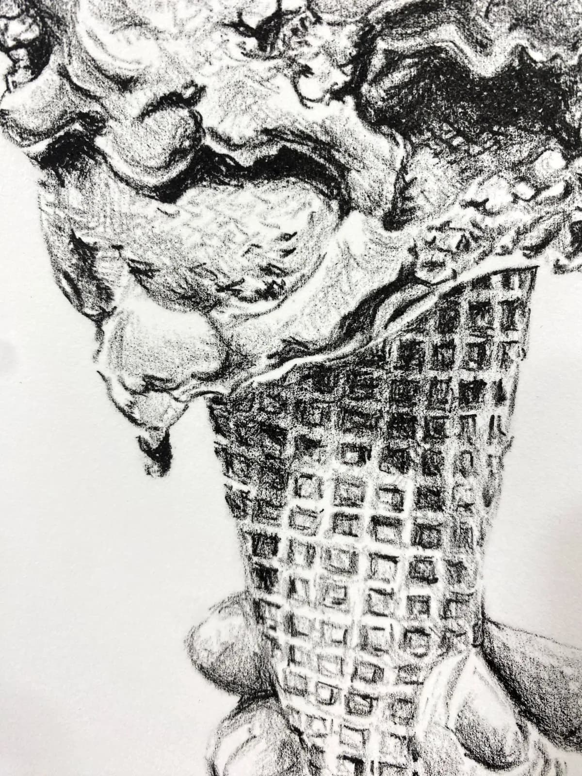 Surreal ink drawing of an ice cream cone with draped fabric and textured crosshatch patterns in monochrome.