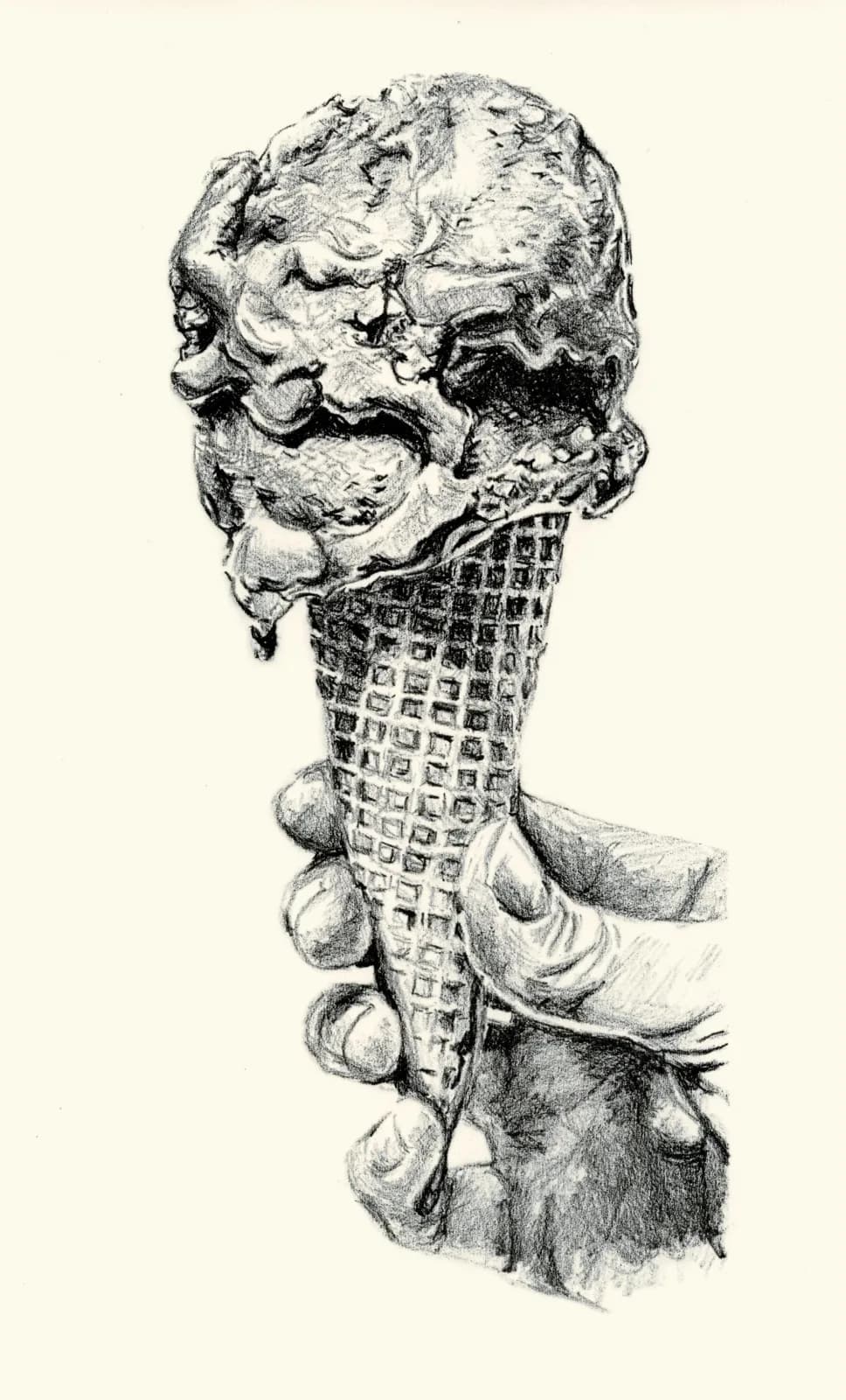 A hand holds an ice cream cone rendered in detailed pen and ink, with surreal facial features melting into the scoop.