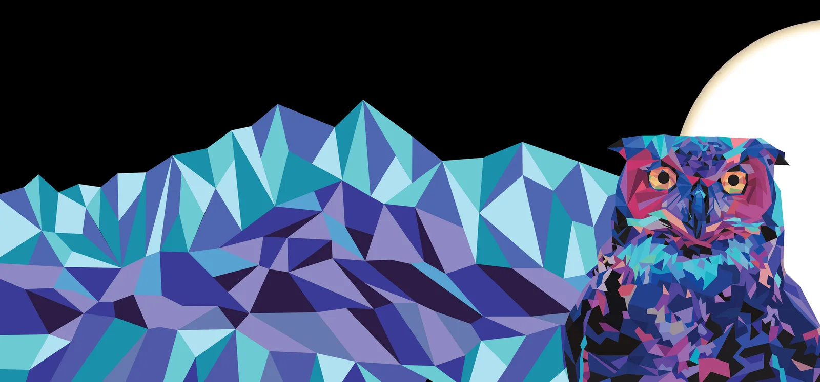 A geometric owl rendered in vibrant purples, blues, and teals against an abstract angular mountainscape.