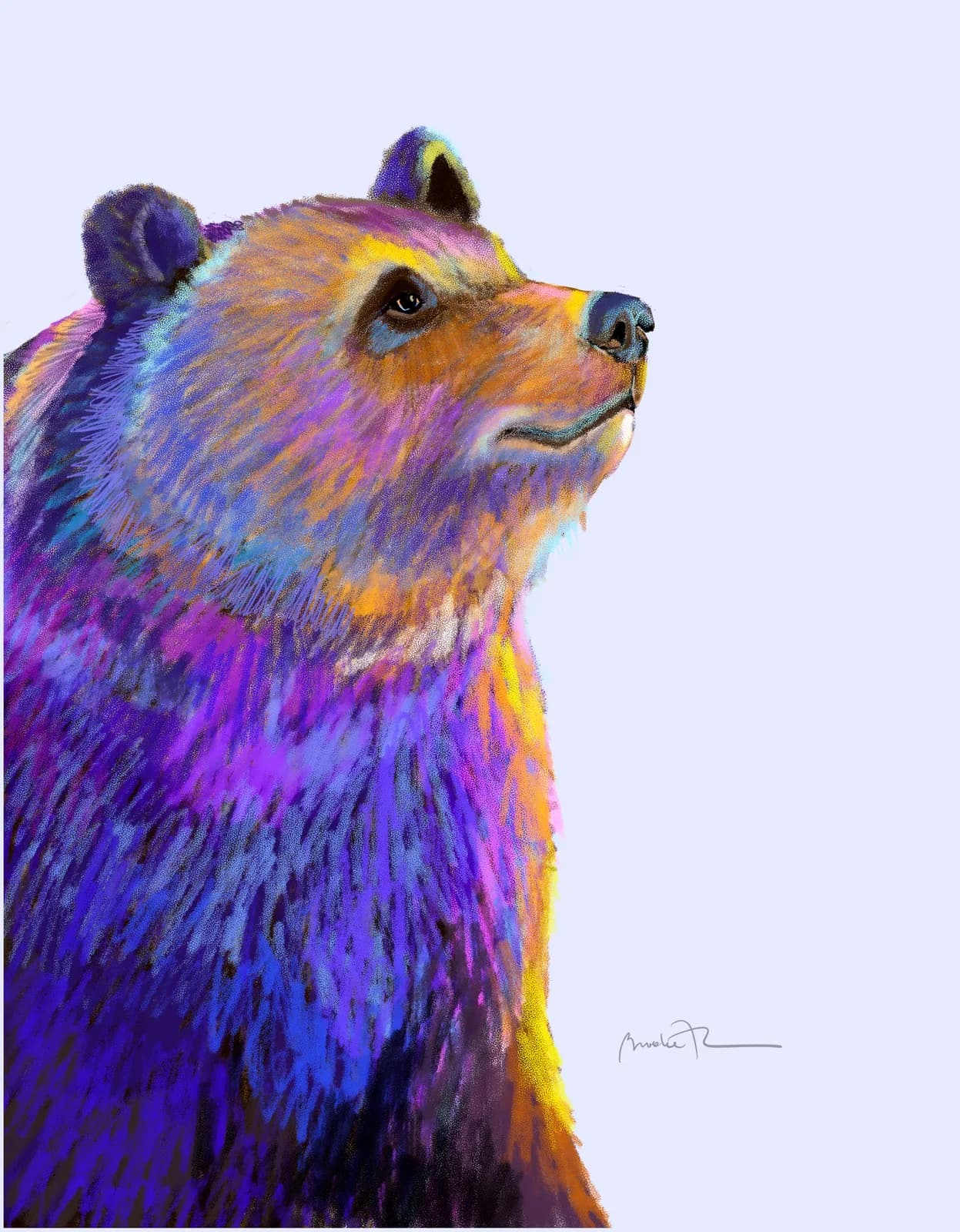 A vibrant colorful bear portrait rendered in bold purples, blues, and oranges on a light background.