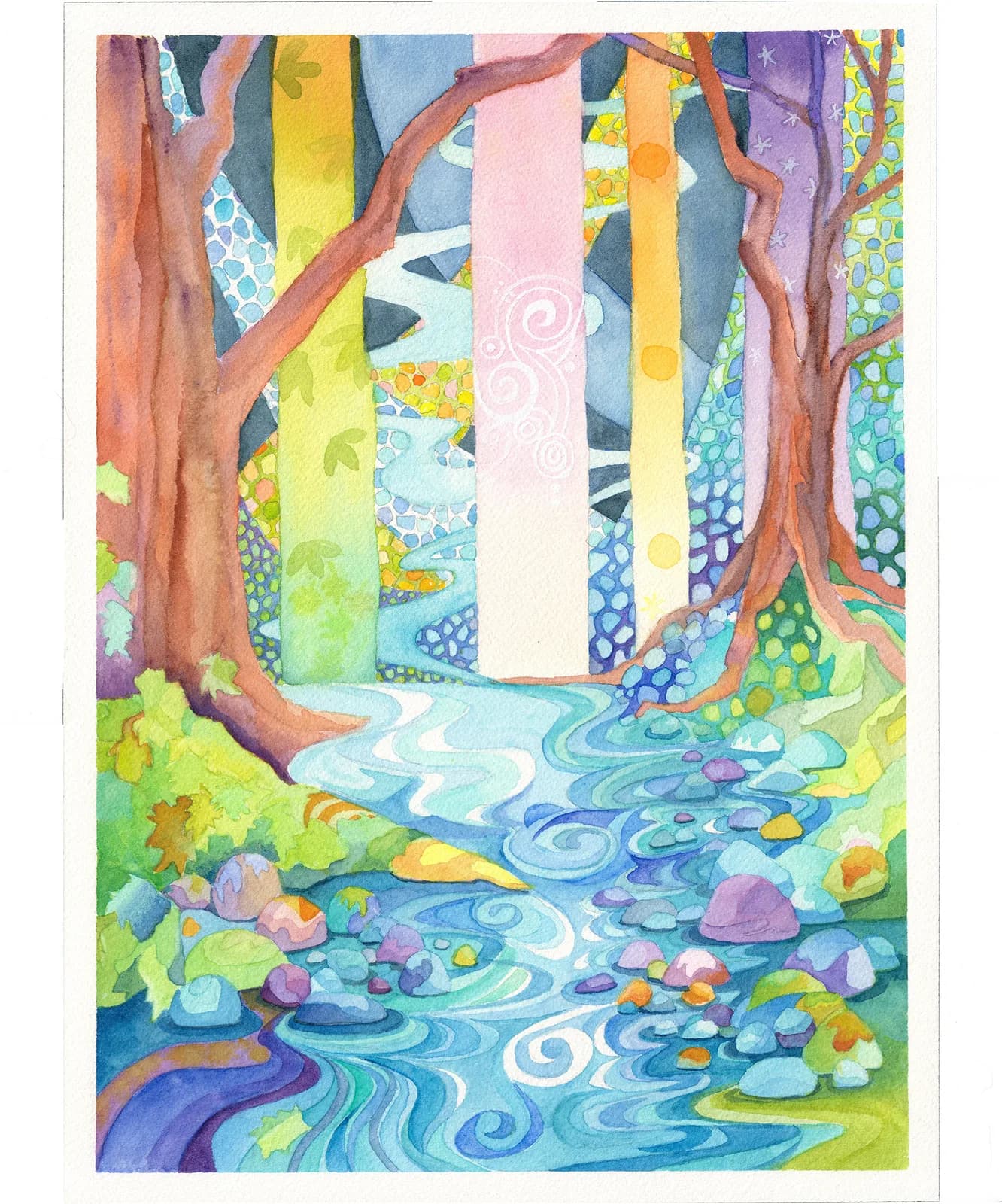 Whimsical watercolor forest scene with stylized trees, flowing stream, and vibrant layered patterns throughout.