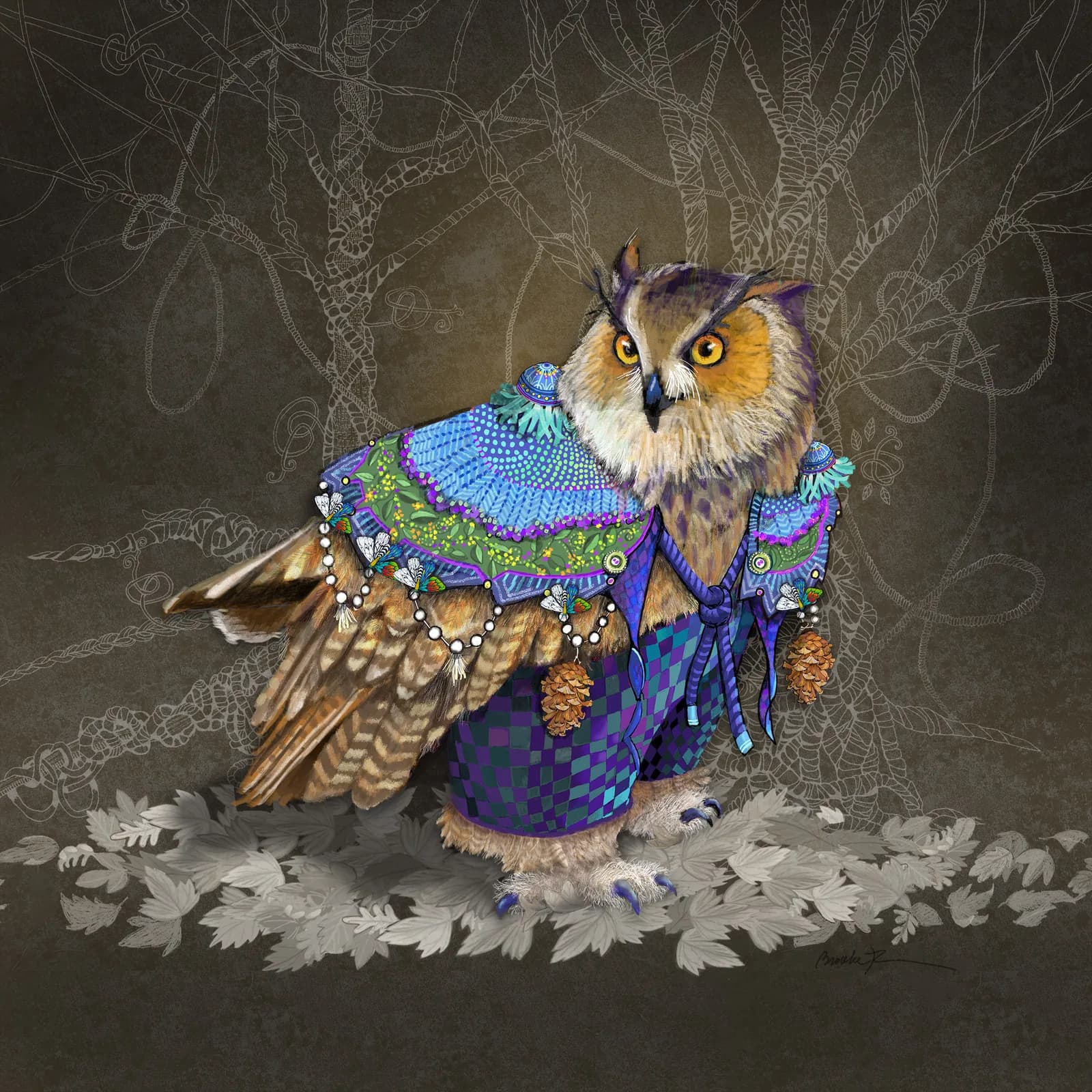 An ornately costumed owl in purple and blue regalia stands against an intricate patterned background.