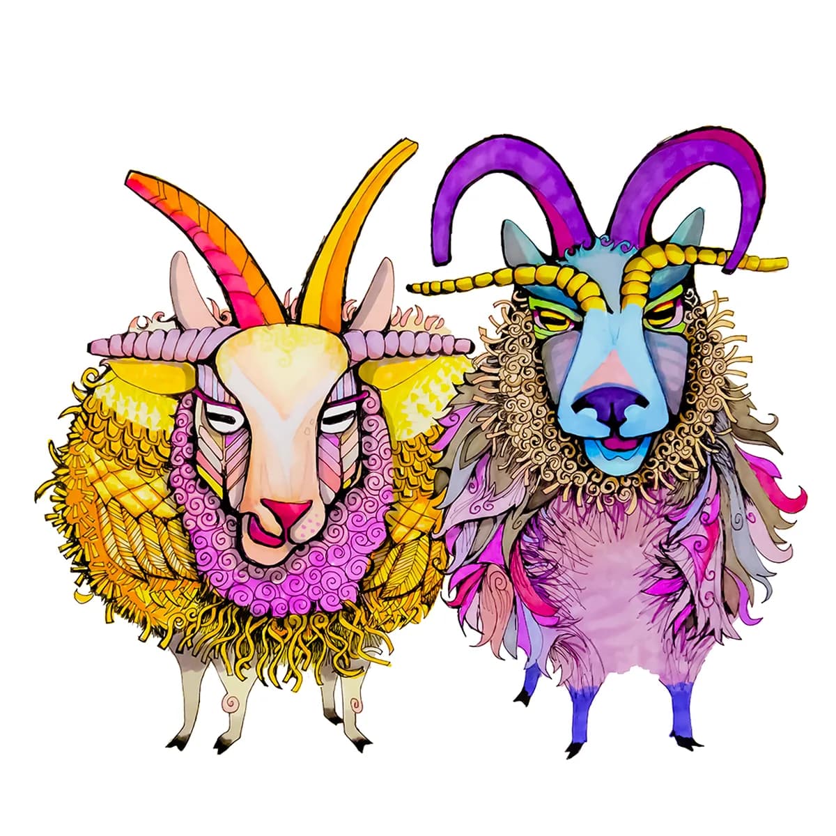 Two fantastical goats with elaborate spiral horns, rendered in vibrant ink and watercolor with intricate patterning throughout.