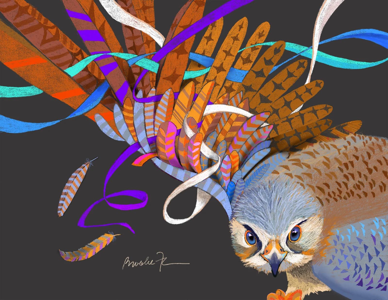 An owl with intricately patterned feathers emerges amid vibrant surreal ribbons and abstract forms.