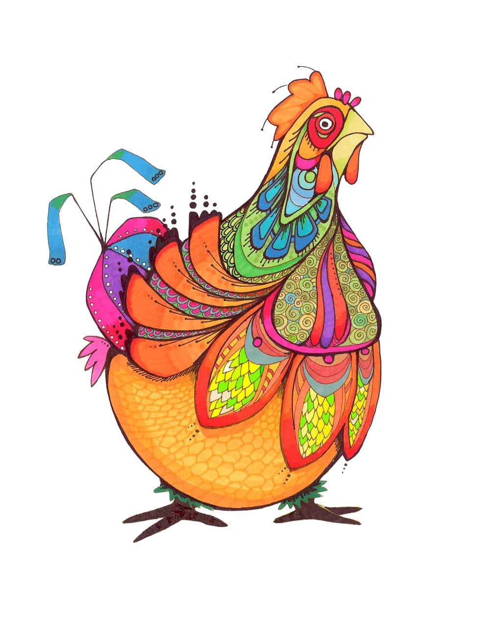 Ornately patterned rooster rendered in vibrant inks with decorative feathers and intricate detailing.