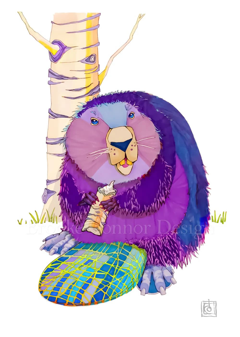 A whimsical purple beaver hugging a birch tree, rendered in colored ink and illustration.