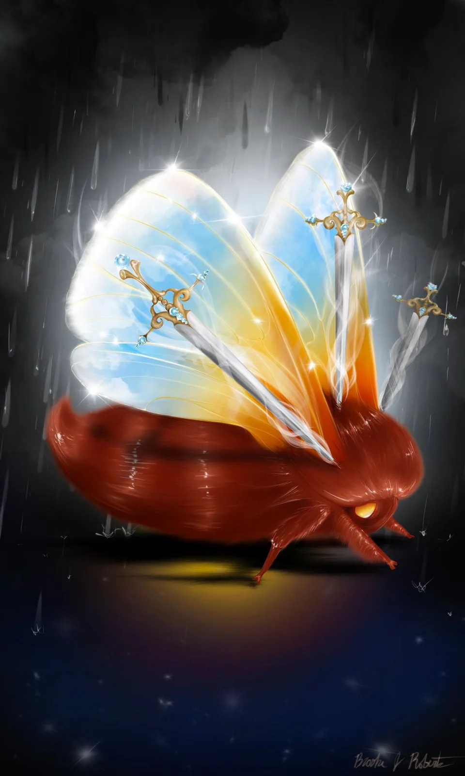 A surreal digital illustration of a crimson insect with luminous, iridescent wings emerging from falling rain.