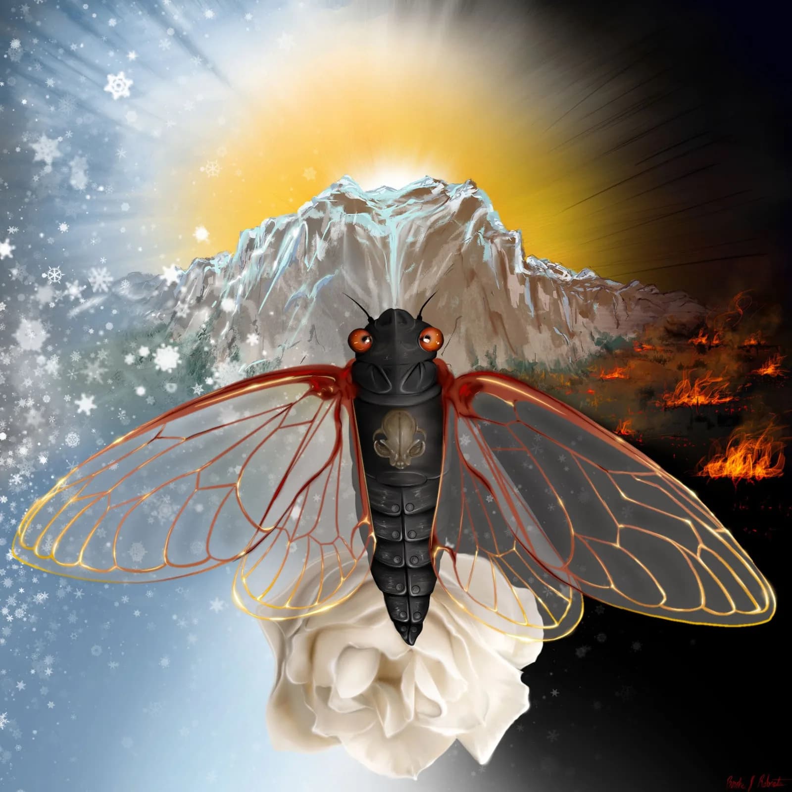 A surreal composite creature with a black insect body, translucent red-and-gold wings, and a white rose, set against elemental landscapes.