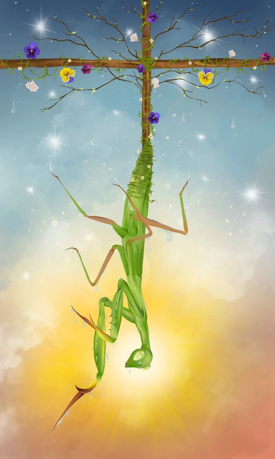 A surreal digital composition depicting a praying mantis transforming into a flowering tree against a luminous sky.