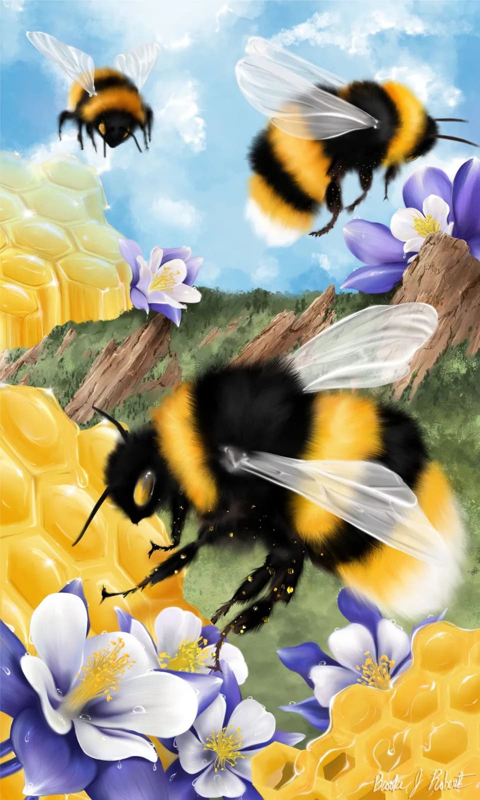 Bumblebees pollinate purple and white wildflowers above honeycomb in an acrylic landscape scene.