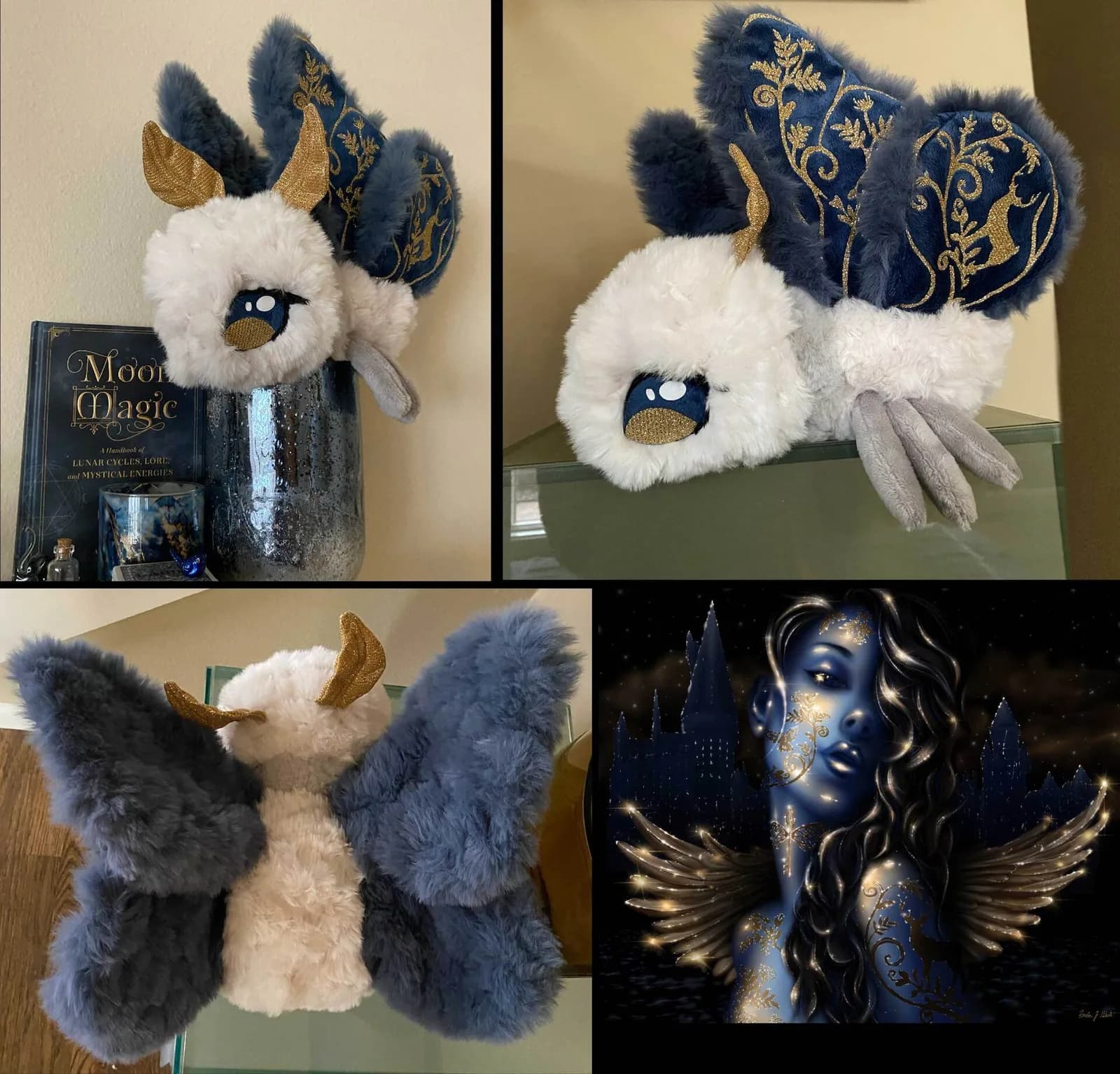 Fabric and fiber sculpture of a whimsical creature with embellished ears and wings in navy, white, and gold.