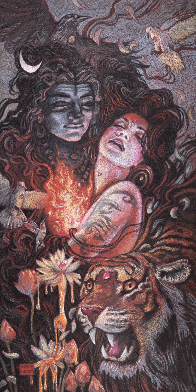 Surrealist pastel composition featuring overlapping mythological faces with serpents, fire, and an animal form.