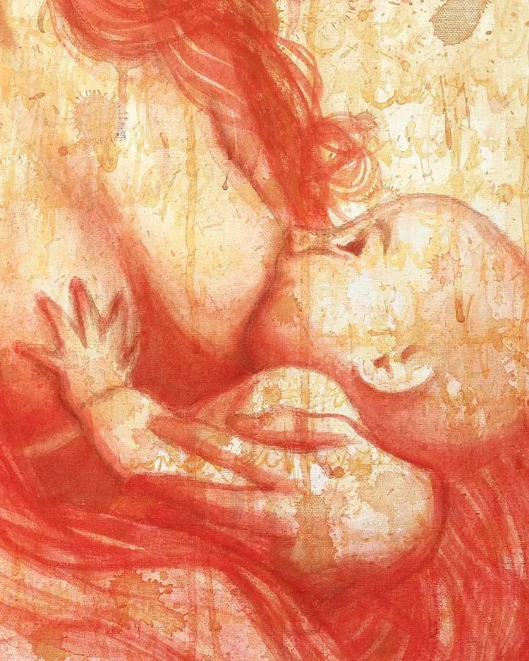 Abstracted female portrait in warm red and gold encaustic wax with layered, translucent surfaces.