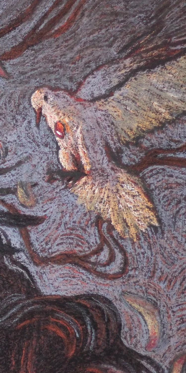 A stylized bird emerges from swirling, textured abstract layers in rich earth tones and deep reds.