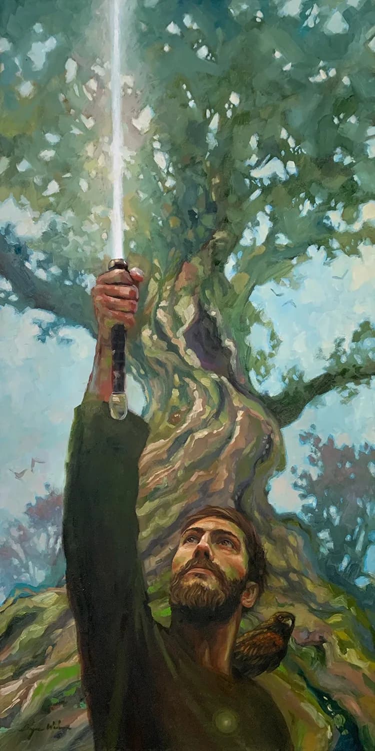A bearded man climbs a rope suspended from an enormous, gnarled tree trunk in oil paint.