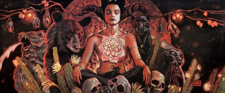 A figurative illustration combining a central female figure with surrounding animals, skulls, and botanical elements in warm tones and intricate linework.