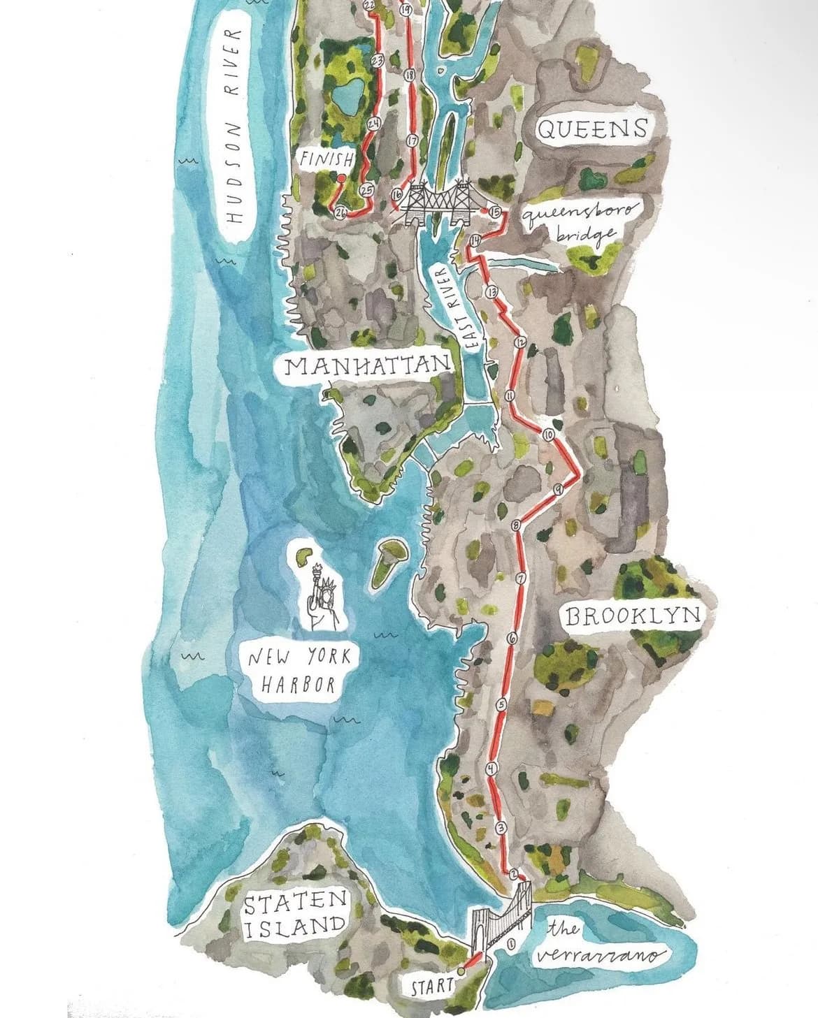 Hand-drawn illustrated map of New York City with watercolor washes and decorative labels marking neighborhoods and landmarks.