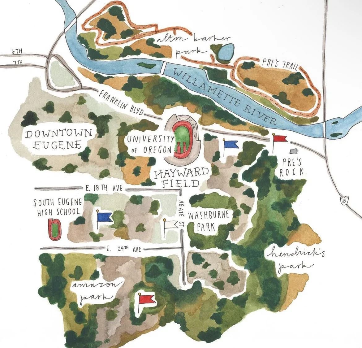 Hand-drawn watercolor map of Eugene, Oregon, featuring landmarks, parks, and the Willamette River.
