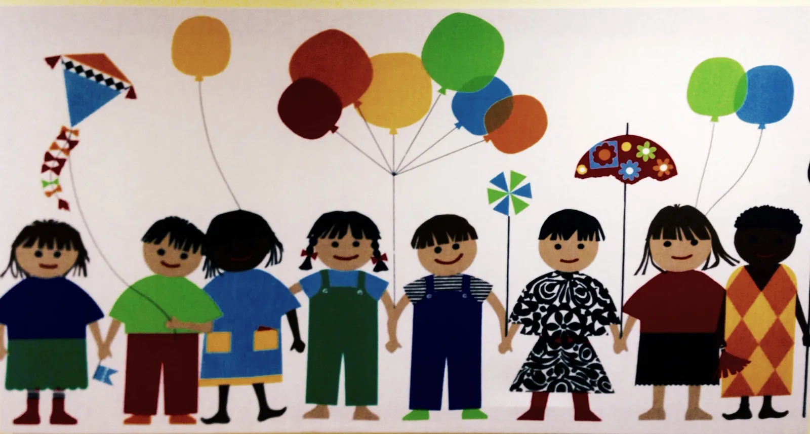A group of stylized children holding colorful balloons and parasols in a cheerful folk-art illustration.
