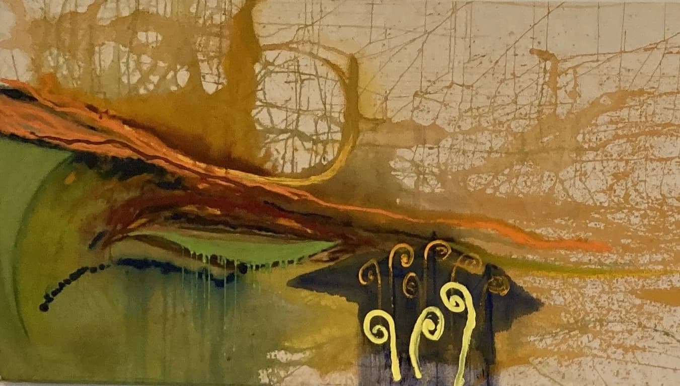Abstract mixed-media composition featuring a twisted branch and stylized bird form with layered paper and gold detailing.