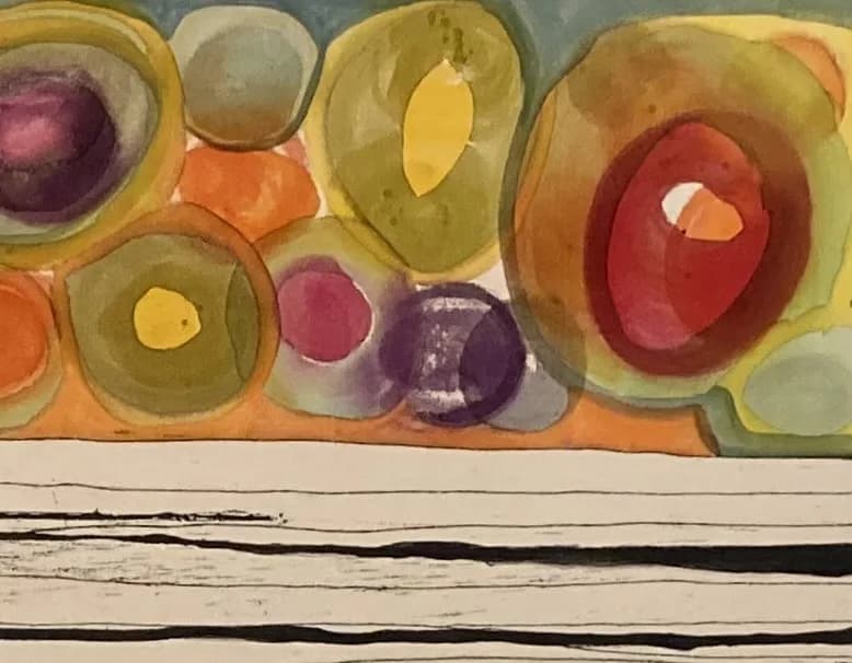 Abstract watercolor composition with organic circular forms in warm yellows, oranges, and reds, divided by horizontal black lines.