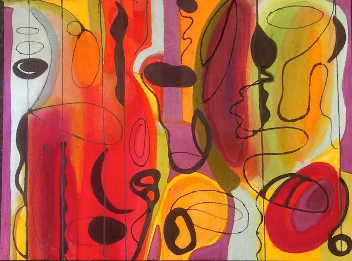 Abstract painting with bold geometric and curvilinear forms in warm acrylic colors and dark line work.
