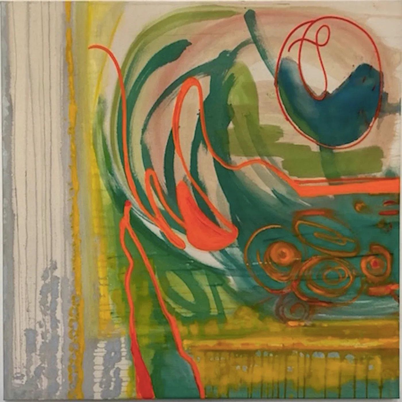 Abstract mixed-media composition with organic forms in green, red, and blue against layered neutral tones.