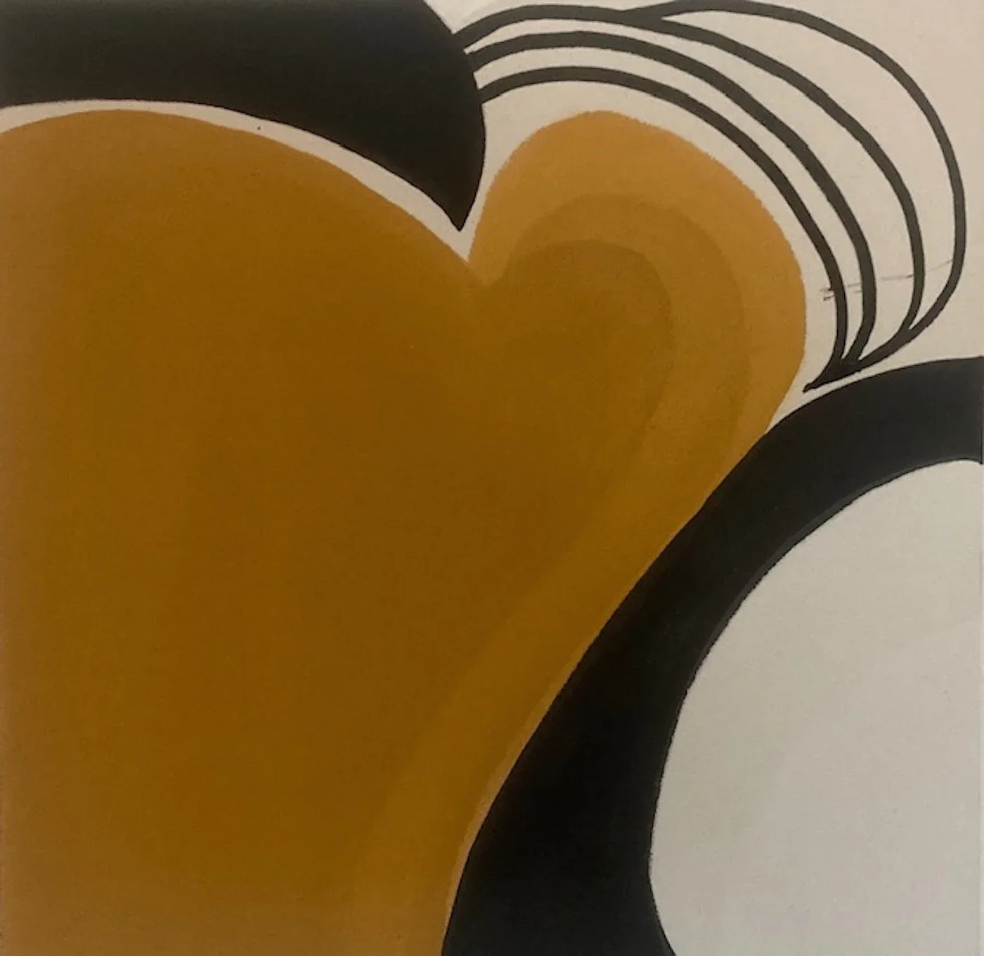 Abstract painting with organic curves in gold, black, and cream, defined by bold linear marks.