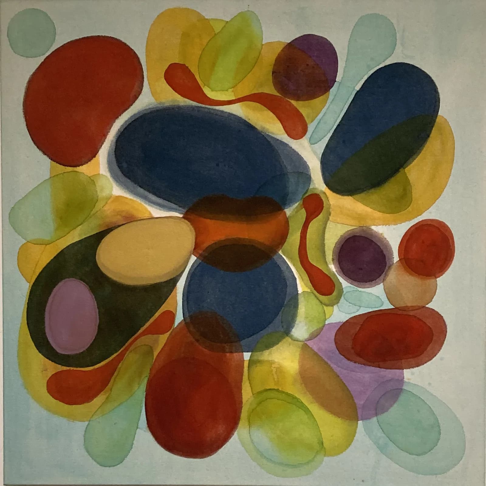 Abstract composition of overlapping circles and ovals in oil, exploring warm and cool color relationships.